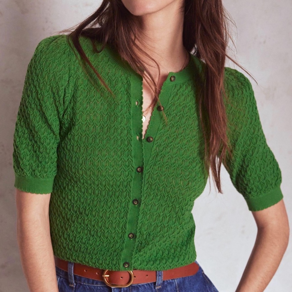 Boden Dot Pointelle Cardigan Green Small S Cotton Knit Puff Sleeve Sweater EUC